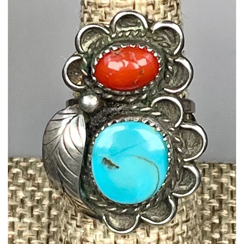 Navajo Sterling Silver Turquoise Coral Ring Handmade Split Shank Size 7.25